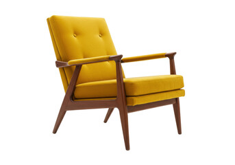 Isolated Mid-Century Modern Accent Chair, Mustard Yellow Upholstery, Wood Frame, Designer Seat