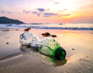 Obraz premium Close-up of discarded plastic bottle on sandy beach at sunset