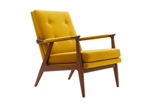 Isolated Mid-Century Modern Accent Chair, Mustard Yellow Upholstery, Wood Frame, Designer Seat