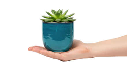 A small green succulent plant in a vibrant teal ceramic pot held gently in the palm of a hand against a clean white background.
