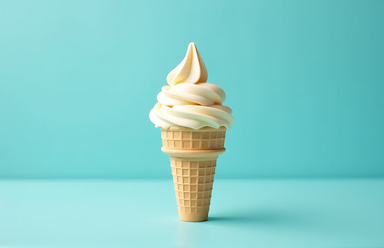 solitary cone creamy vanilla ice cream sits atop serene azure background bathed soft diffused daylight capturing