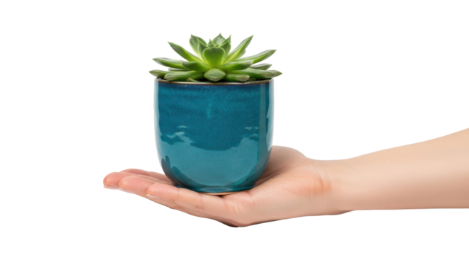 A small green succulent plant in a vibrant teal ceramic pot held gently in the palm of a hand against a clean white background.