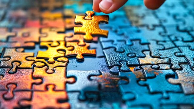 Hand placing puzzle piece on colorful jigsaw background