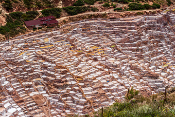 Maras, Sacred Valley, Cusco, Peru: view of the ancient salt terraces known as Salineras de Maras in the Andes mountains. Geometric natural pattern and cultural heritage landscape.
