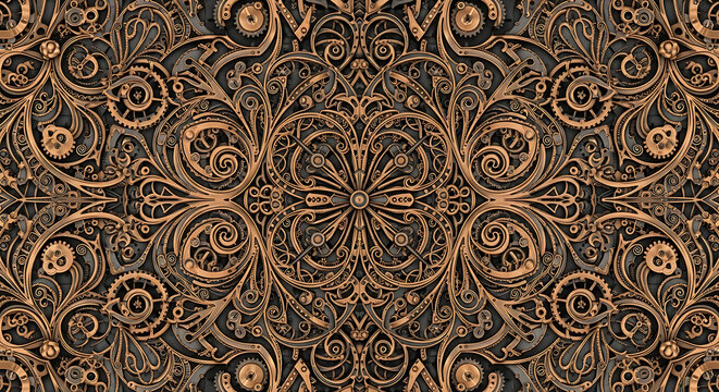 Symmetrical steampunk pattern with gears and intricate metalwork designs in bronze and dark gray tones