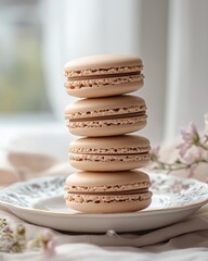 macaron stacked on vintage porcelain plate with soft window light and floral napkin, realistic photography