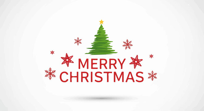 Festive "Merry Christmas" Greeting with Stylized Tree, Snowflakes, and Stars, Transparent Background.