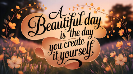 Uplifting creative typography quotes powerfully inspire positive attitude towards life, gracefully integrated with soft nature background, promoting an optimistic and joyful feeling