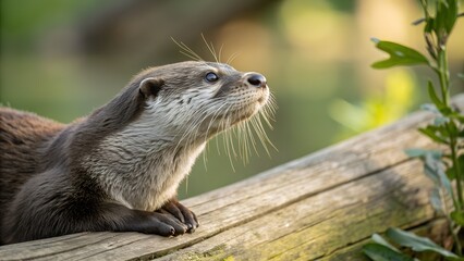 Curious Otter Resting on a Wooden Log in Natural Habitat