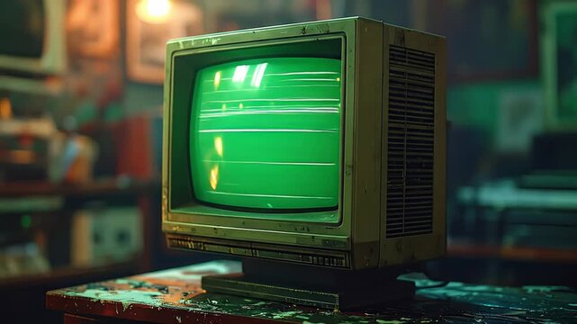 Retro computer monitor with a glowing green screen displaying lines of code