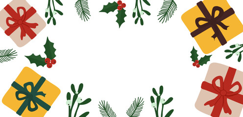 Merry Christmas and New Year greeting card  with gift boxes, ribbons and fir branches,