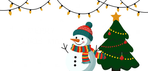 christmas background with snowman and christmas tree