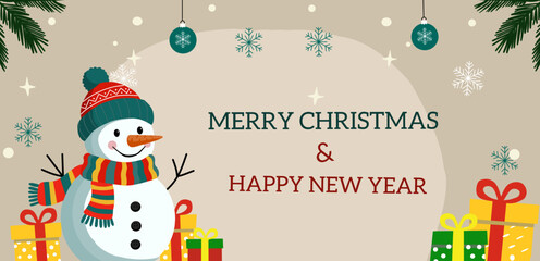 merry christmas and happy new year greeting card with snowman and gifts