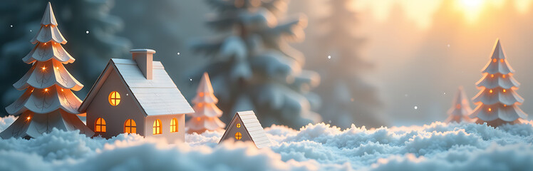 serene winter scene unfolds carpet frosty christmas trees intricately crafted paper houses set soft misty new year