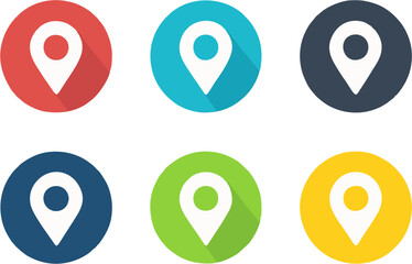 A collection of six circular icons featuring white map pin markers on colored backgrounds with long shadows.