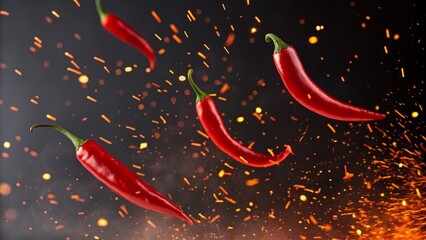Dynamic chili peppers spinning with fiery sparks in a vibrant promotional display for spicy cuisine intense visuals and engaging advertising techniques