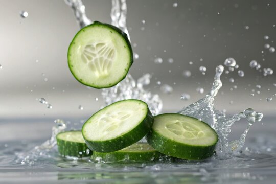 Dynamic cucumber slices in midair splashing water ultra-detailed advertising visuals culinary photography vibrant kitchen environment aerial viewpoint eye-catching concept for enhanced engagement