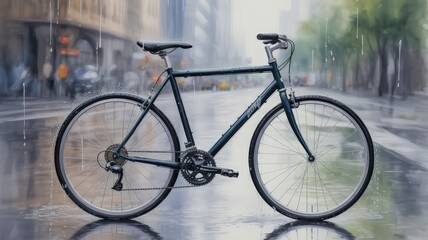 "Bike in the Rain on City Street"