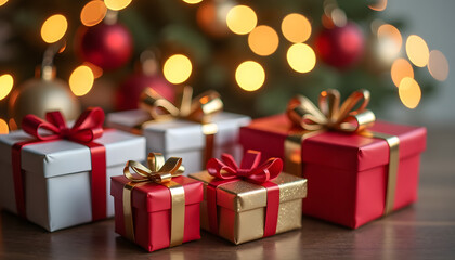 Gift boxes with elegant ribbons arranged on a wooden table near a Christmas tree. AI Generation.