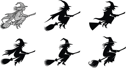 Flying witch silhouette illustration, Halloween magic character on broomstick with hat cloak, spooky fantasy artwork, flat vector © MD