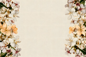 delicate spring flowers arranged in opposite corners forming an elegant natural frame with a neutral blank center