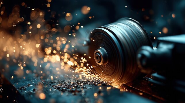 Close-Up of Spark Producing Metalworking Process with Rotating Tool and Shimmering Dust - Powered by Adobe