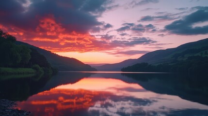 Fototapeta premium Beautiful sunset over calm lake with stunning reflections in the water and colorful clouds in the sky. A serene view for nature lovers.