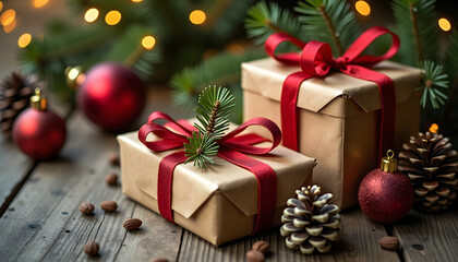 Rustic Christmas gifts wrapped in kraft paper with red ribbons and pine decor on wooden table. AI Generation.