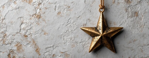 A beautifully crafted golden star ornament hangs against a rustic gray background, adding elegance to any seasonal decor.