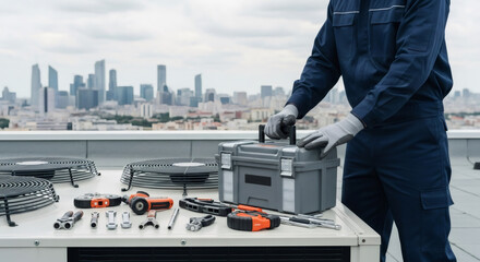 Skilled technician with toolbox and equipment on rooftop, city skyline in background