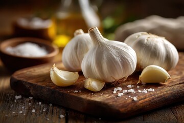 Fresh garlic bulbs and cloves on a rustic wooden board with natural light