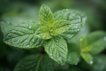 Fresh mint leaves in extreme macro detail with water droplets
