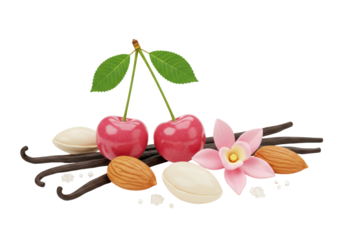 Cherries vanilla flower and almonds PNG illustration isolated on transparent background Sweet dessert ingredients