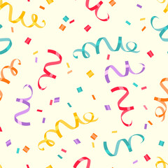Сonfetti background. Colorful ribbons seamless pattern.  Vector cartoon flat illustration of festive streamers.