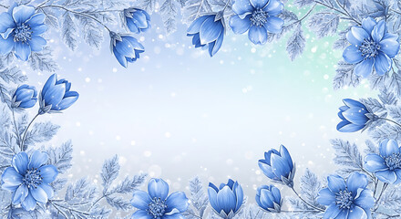 A beautiful floral frame with blue flowers and frosted leaves on a light blue background