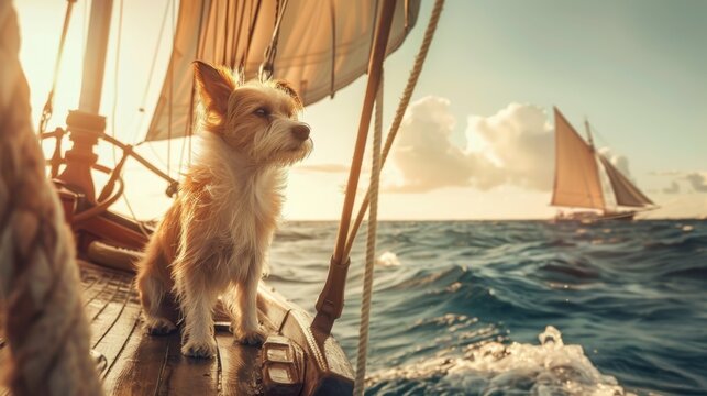 A small brown and white dog stands on a sailboat, looking out at the ocean. The sun sets in the background, casting a warm glow over the scene.