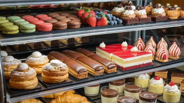 Indulge in decadent desserts and tempting treats in a visually stunning bakery display case, perfect for evoking sweet cravings and culinary inspiration