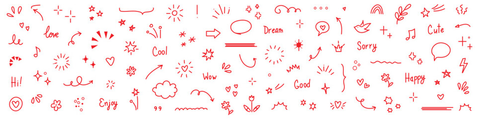 Line arrow, star, heart cute icon elements. Hand drawn sketch heart, arrow, star, flower decoration symbols. Simple sketch line style emphasis, attention, graphic elements. Vector illustration