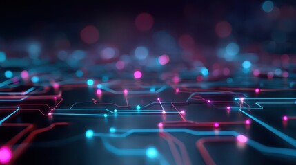 Futuristic circuit network with glowing connections and bokeh