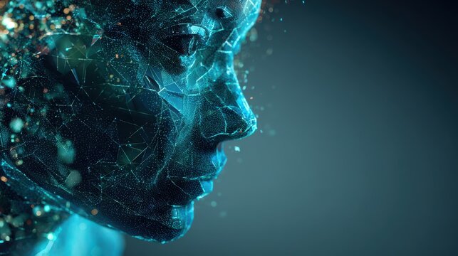 Futuristic data-driven visage: luminous face built from matrices, streams, and holographic geometry