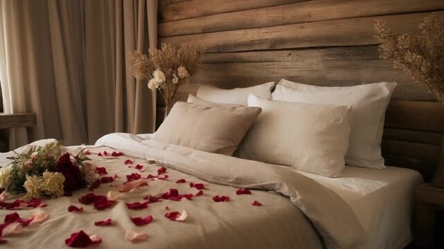 A side-angle slider shot capturing a rustic-style honeymoon bed with wooden textures, beige linens, and dried flowers mixed with soft rose petals. Warm, cozy, and exclusive aesthetic