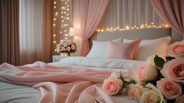 A front-shot approach revealing a beautifully decorated honeymoon bed with pastel roses, soft pink fabrics, and fairy lights. Dreamy, elegant, and luxurious romantic tone.