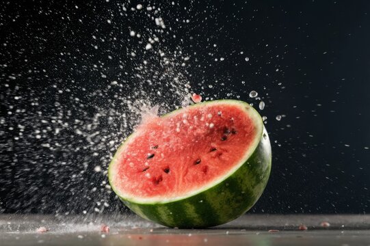 Slow motion watermelon explosion with scattering seeds captured in ultra realistic commercial shot vibrant outdoor setting - Powered by Adobe