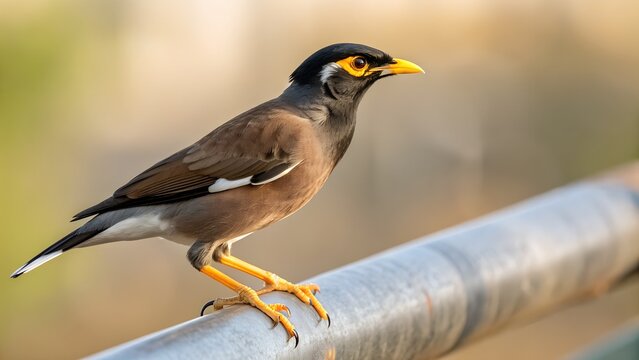 Common Myna Perched on Metal Pipe in Soft Natural Light