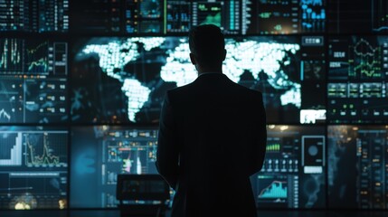 A man in a suit stands in front of multiple digital screens displaying data and a world map. The scene conveys a high-tech, analytical environment.