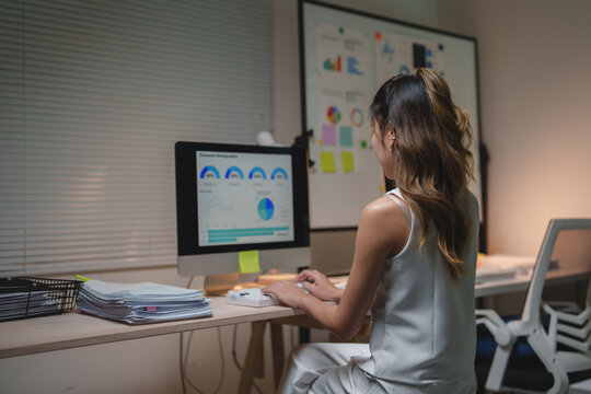 Woman analyzing business data late at night