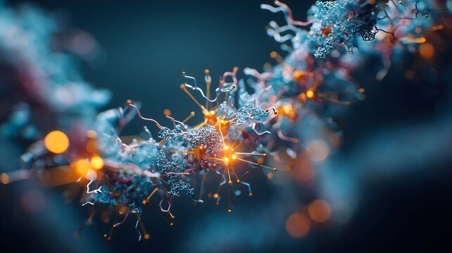 Abstract molecular nanotechnology network with glowing protein nodes background