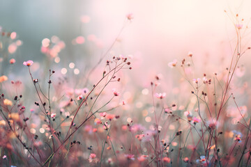 ethereal pastel meadow with glowing blur and soft floating light creating a romantic dreamy atmospheric tone