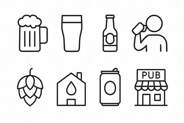 Essential Beer Icons: A set of clean, minimalist line drawings showcasing various beer-related elements, perfect for conveying refreshment and the social experience of enjoying a cold brew.