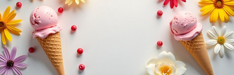 ice cream cone rests pristine white surface amidst vibrant bouquet fresh flowers captured flat lay composition